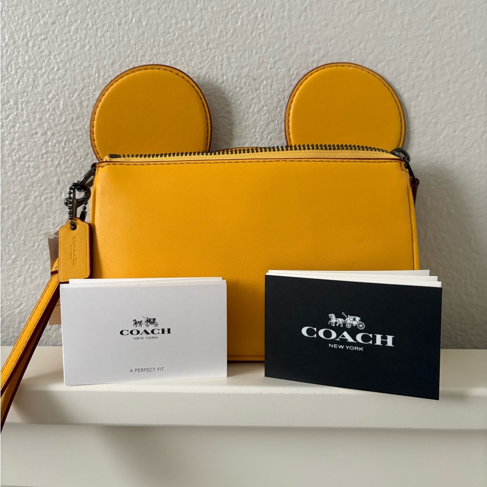 NWT Coach X Disney Mickey Mouse Ears Yellow Leather Wristlet With Strap Bag